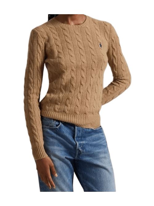 Maglia da donna in lana misto cashmere con lavoraziobìne a trecce, girocollo, colore camel POLO RALPH LAUREN | 211971865002